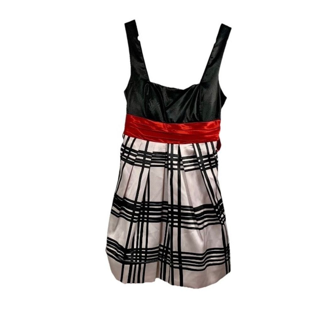 Vintage City Triangles Mini Dress Y2K Black Red Plaid Bow Juniors 9 Prom Tulle